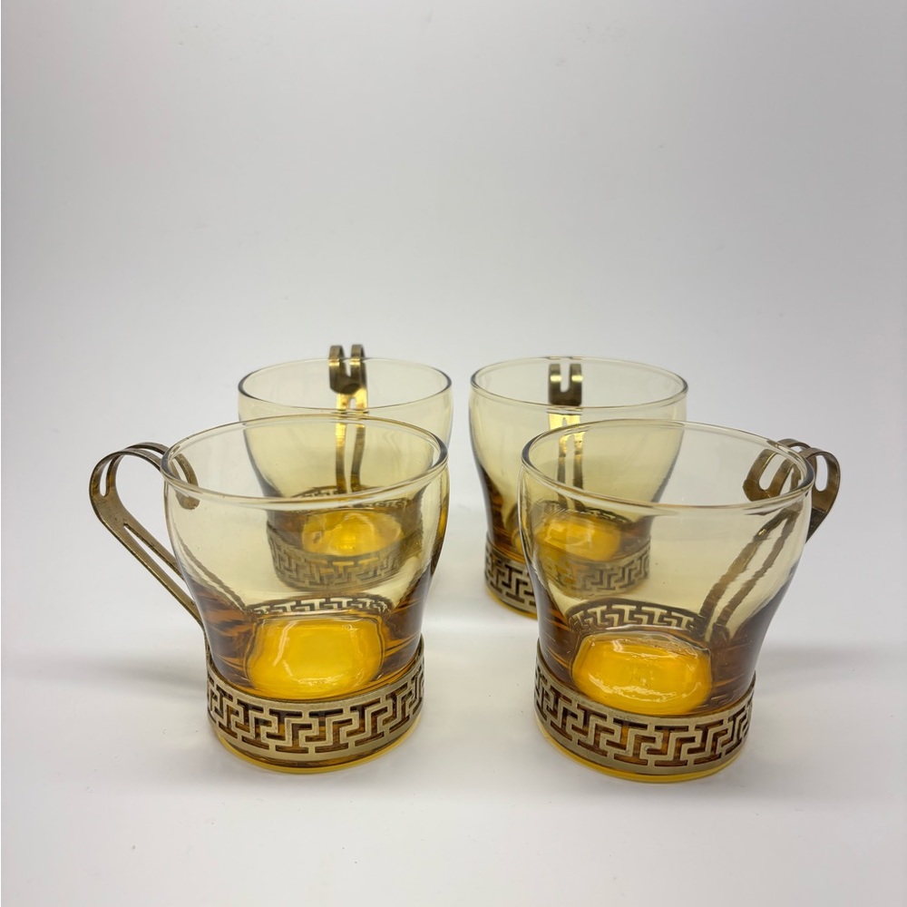 Vintage Libbey Amber Continental Greek Key Cups Metal Handles (Set Of 4)